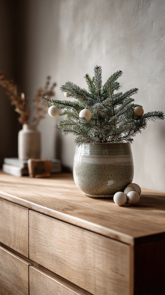 christmas-apartment-decor-tree Festive evergreen in ceramic pot with white ornaments on wooden dresser, minimalist holiday decor.