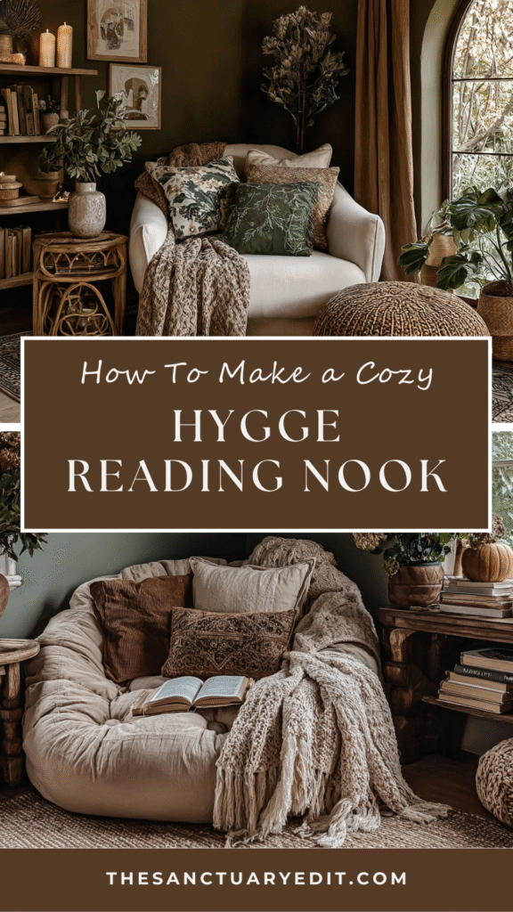 cozy-hygge-reading-corner-nook2 Cozy hygge reading nook with comfy chairs, pillows, blankets, books, and plants. TheSanctuaryEdit.com.