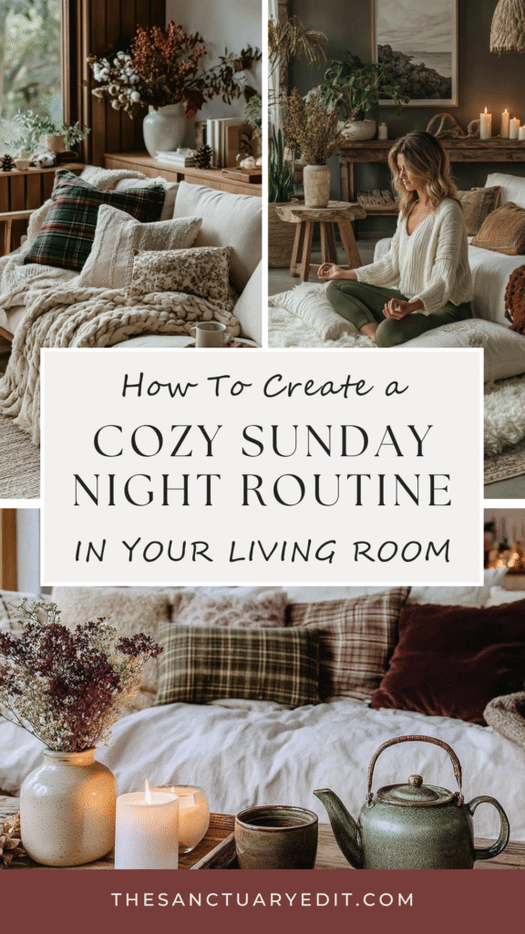 cozy-sunday-night-routine Cozy living room with candles, pillows, and a woman meditating, creating a relaxing Sunday night routine ambiance.