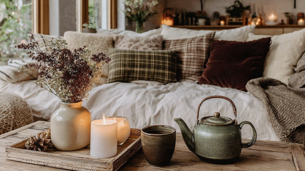 Cozy living room with cushions, a teapot, candles, and a vase on a wooden tray, creating a warm and inviting atmosphere.