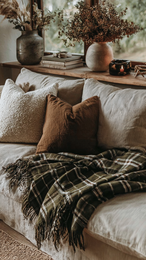 cozy-sunday-night-routine-scene Cozy living room with pillows and plaid blanket on sofa, rustic vases with dried plants on wooden shelf by window.
