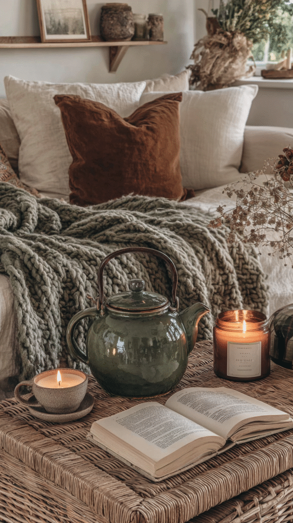 cozy-sunday-night-routine-teapot Cozy living room with green teapot, burning candles, open book, and knit throw on a wicker table for a relaxing vibe.