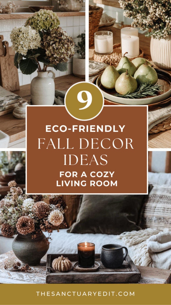 Eco-friendly fall decor ideas for a cozy living room with candles, flowers, and pears on display.