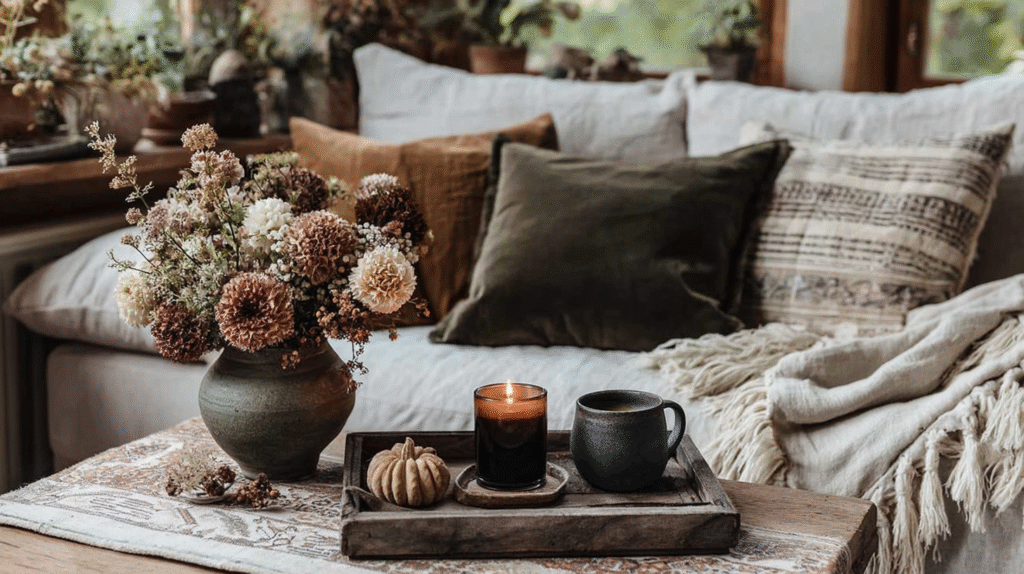 Cozy living room with floral bouquet, lit candle, and mug on rustic tray, perfect for autumn relaxation.