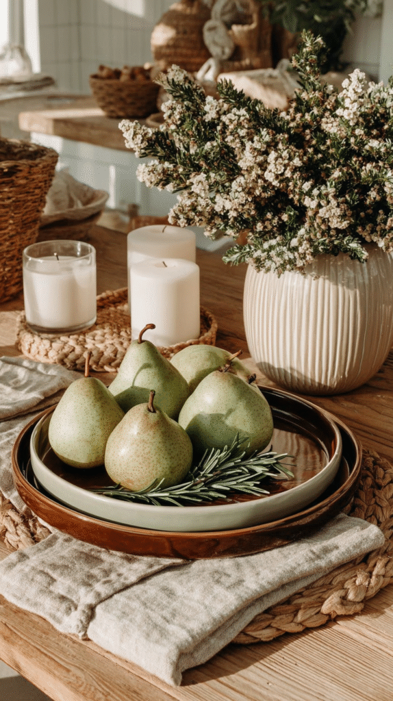 Cozy dining table setting with green pears, white flowers, and candles.