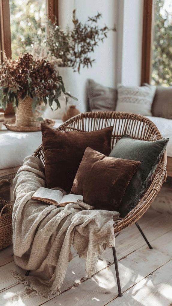 Cozy wicker chair with cushions, blanket, and book by the window; perfect reading nook with natural light.