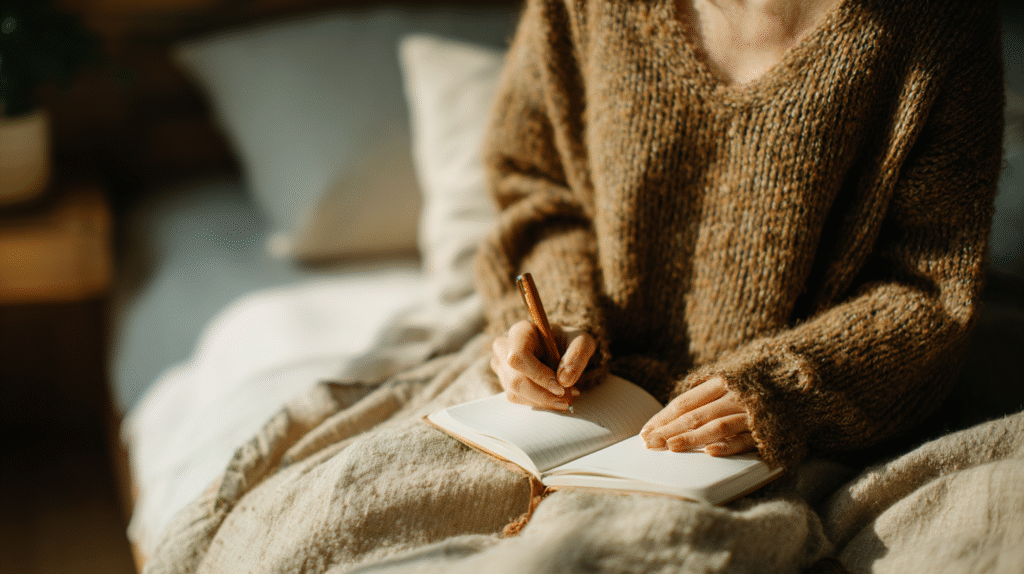 Person in cozy sweater writing in journal on bed, soft light filtering through a window.