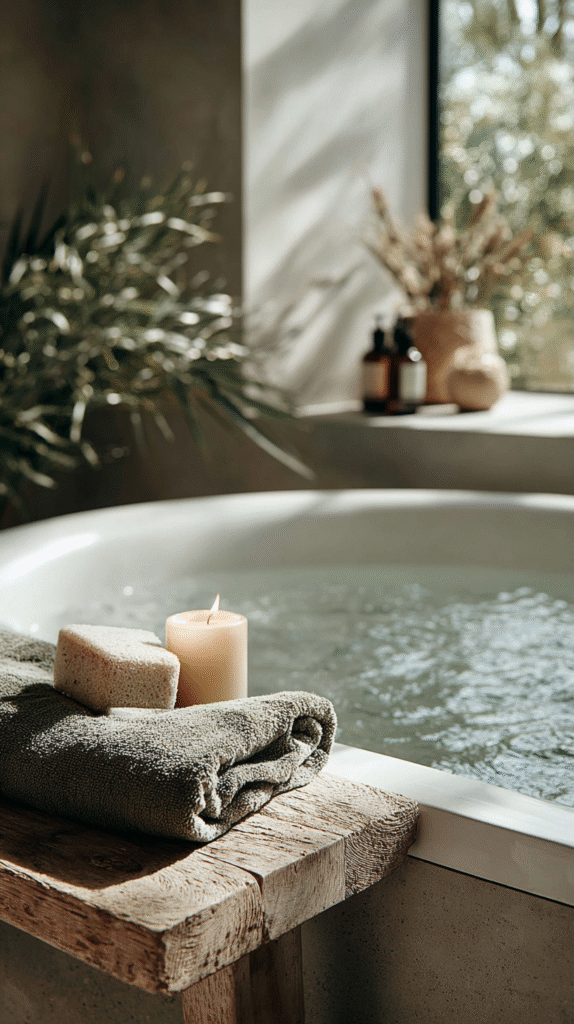 evening-routine-bath Cozy spa bathroom with candle, towel, and sponge on wooden bench near a filled bathtub.