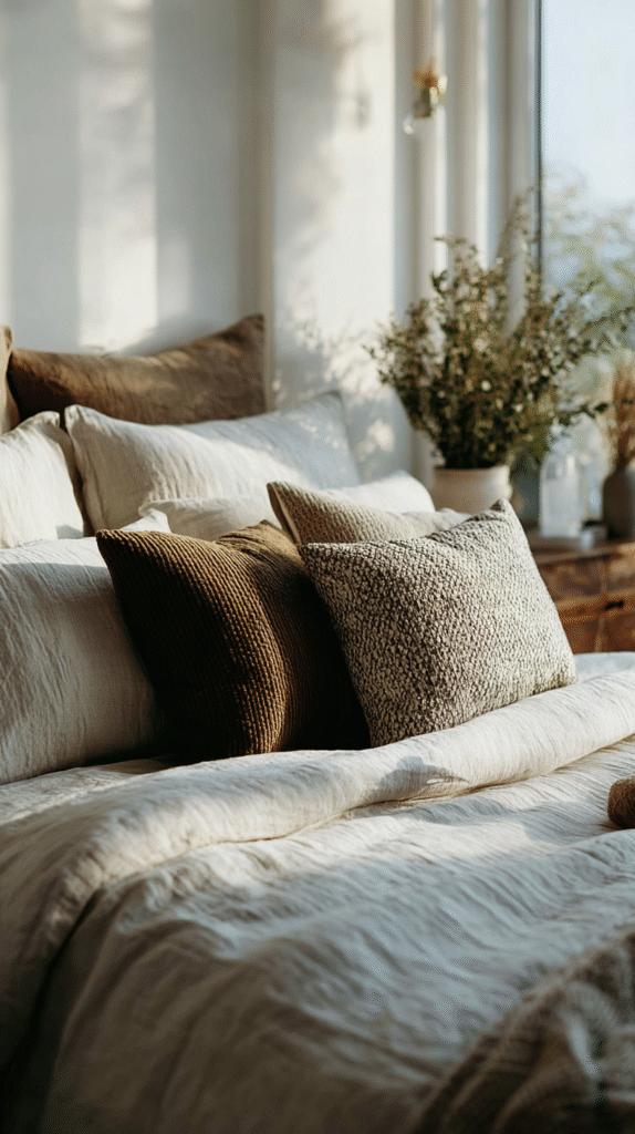 evening-routine-bed Cozy bedroom with soft pillows, neutral bedding, and a sunlit room featuring decorative plants. Ideal for relaxation.