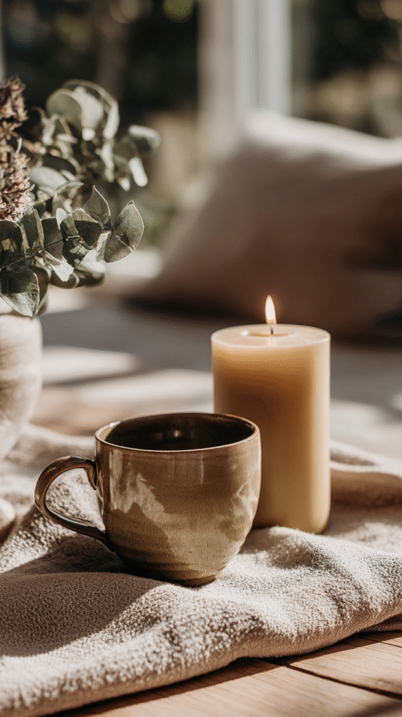 evening-routine-dim-lighting Cozy scene with a lit candle, ceramic mug, and eucalyptus on a soft beige towel in natural sunlight.