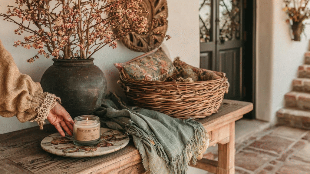 Cozy rustic decor with a lit candle, wicker basket, and dried flowers on a wooden table in a serene setting.