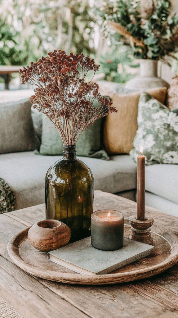 Rustic coffee table decor with vase, candles, and dried flowers in cozy living room setting.