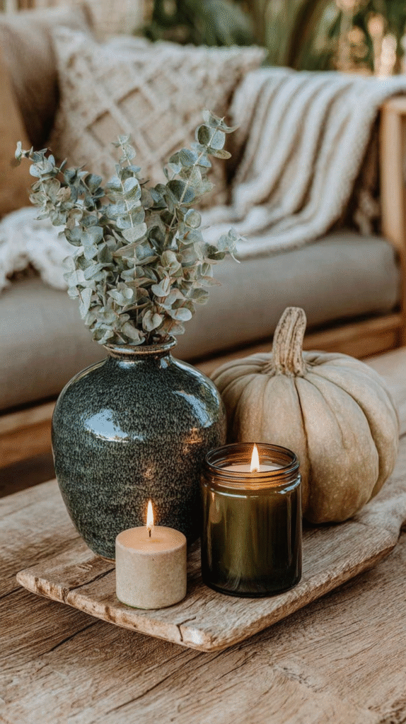Cozy autumn decor with candles, eucalyptus in vase, and pumpkin on a wooden table, enhancing a warm living room setting.