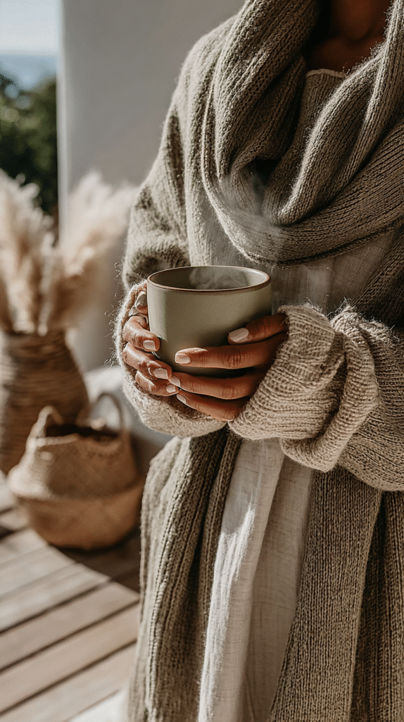 fall-reset-routines-gratitude Cozy sweater weather: woman holding a steaming mug, wicker baskets and plants in the background.