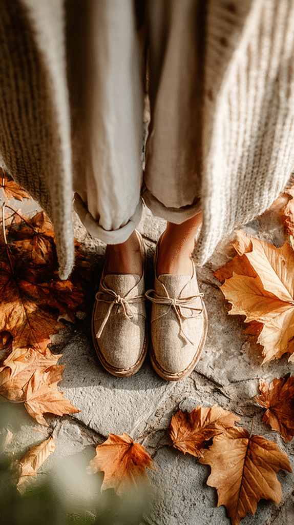 fall-reset-routines-stillness Cozy autumn scene: person in beige loafers and trousers on stone path with fallen leaves.