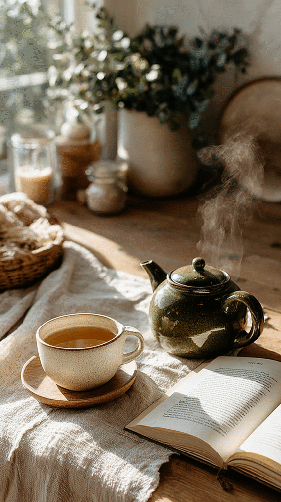 fall-reset-routines-teapot Cozy morning setting with steaming tea, open book, and sunlight on a rustic table. Perfect for relaxation and reading.