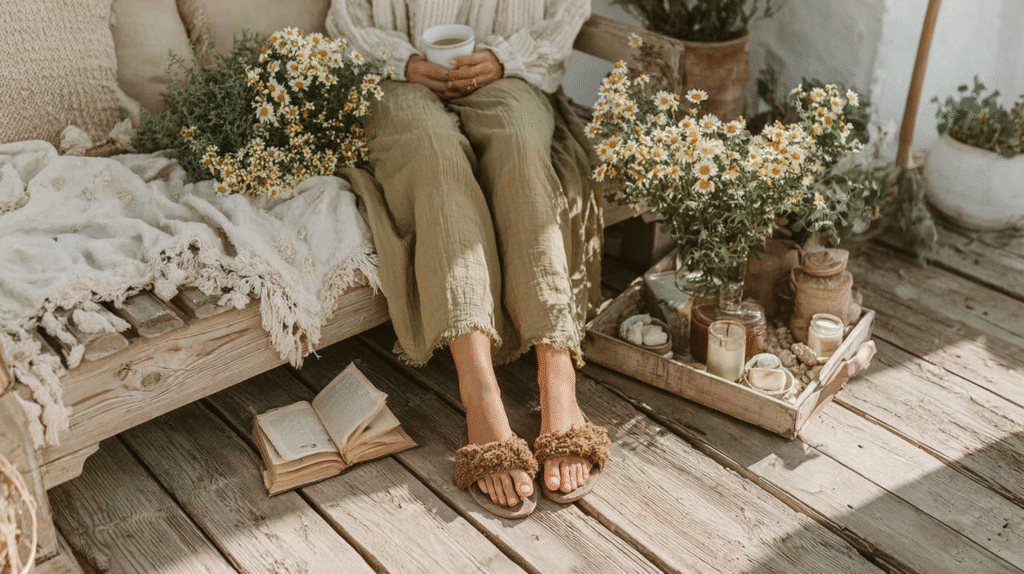 Cozy scene with a woman relaxing on a rustic bench, holding a mug, surrounded by flowers, candles, and an open book.