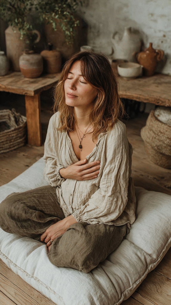 grounding-techniques-slow-breathwork Woman meditating indoors, sitting on a cushion with eyes closed, surrounded by rustic decor.