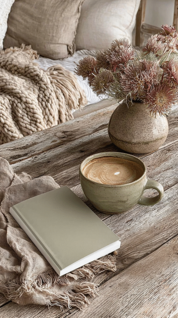 grounding-techniques-slow-journal Cozy rustic setup with a coffee cup, book, and flowers on a wooden table, perfect for relaxation and reading.