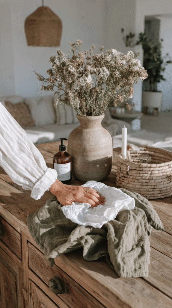 grounding-techniques-slow-touch Hand cleaning rustic table with cloth, surrounded by vase, candle, and decor, in cozy minimalist setting.