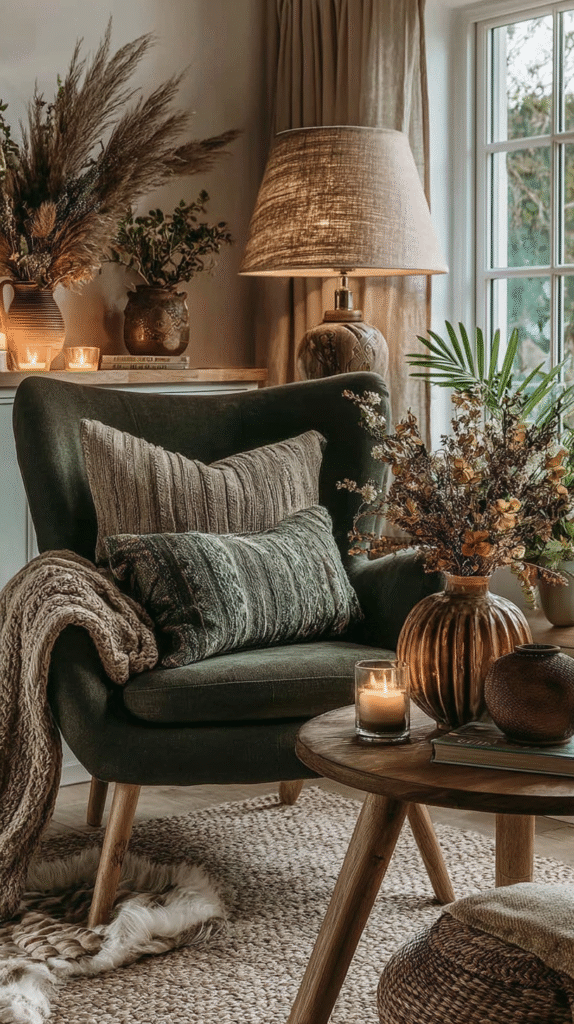 hygge-reading-nook-lighting Cozy living room corner with armchair, cushions, and candles, creating a warm autumnal ambiance.