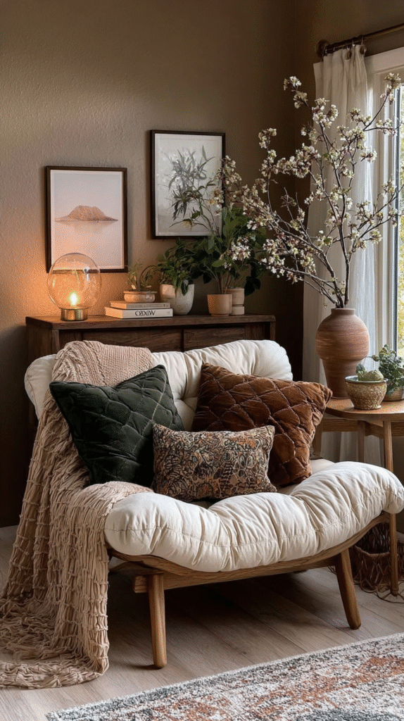 hygge-reading-nook-nature Cozy living room nook with plush cushions, textured throw, warm lighting, and potted plants beside a window.