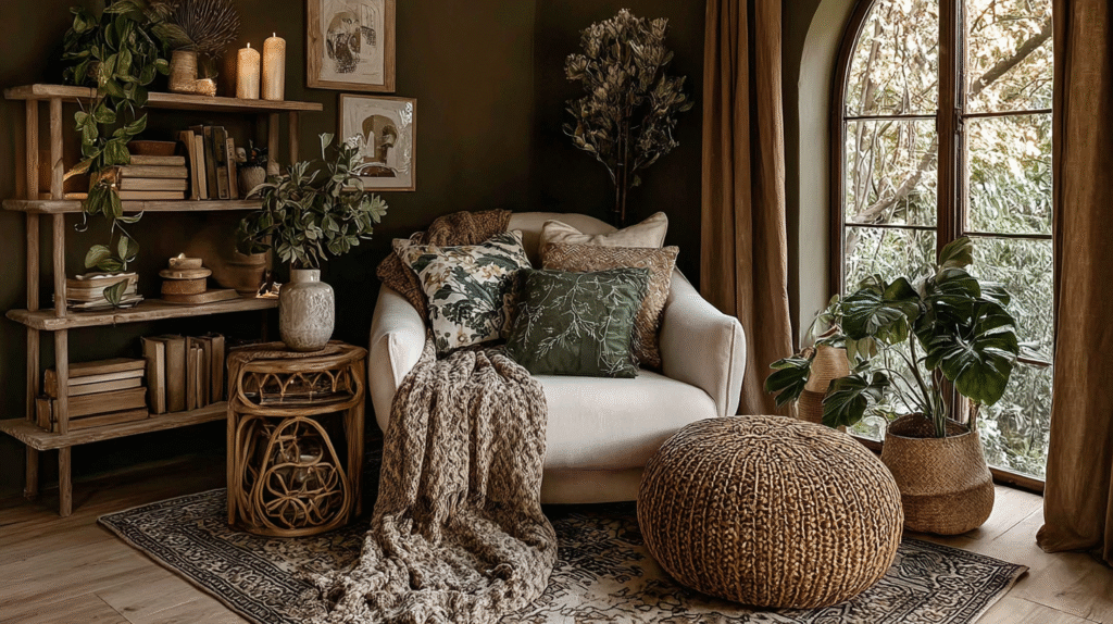 Cozy neutral living room with armchair, green pillows, potted plants, and bookshelves.