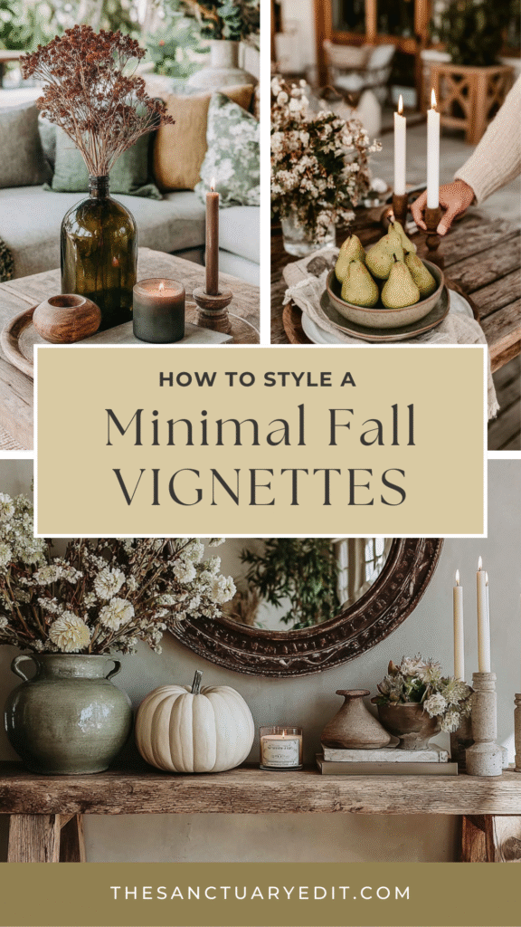 Minimal fall vignette styling with candles, pears, and rustic decor for cozy home ambiance.