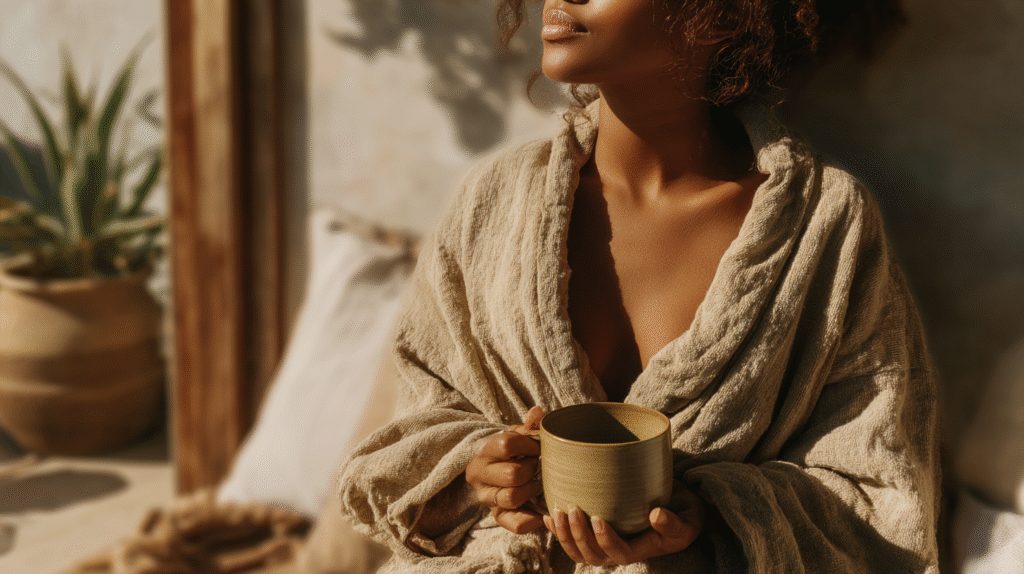 Woman in cozy robe enjoying a warm drink in sunlight, with a peaceful and relaxing ambiance.