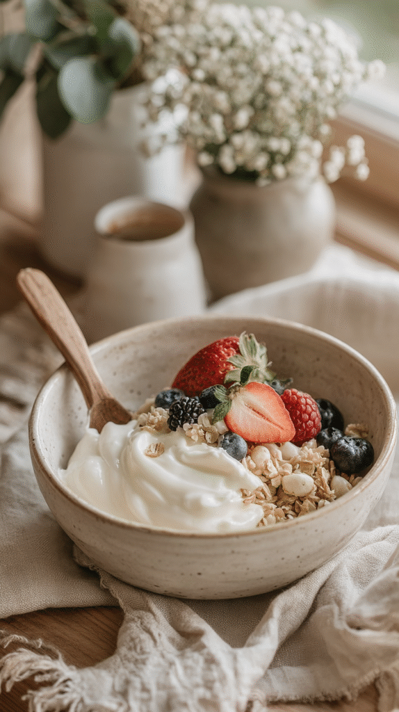 morning-routine-breakfast Bowl of yogurt with granola and fresh berries on a rustic wooden table, surrounded by cozy decor and flowers.