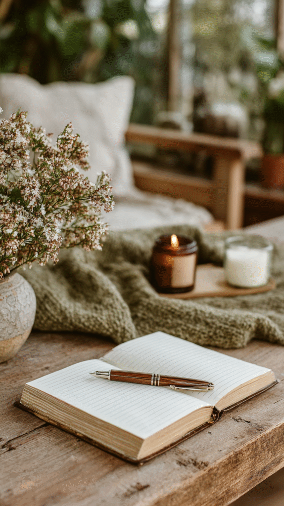 morning-routine-journal Open notebook, pen, cozy candle, and flowers on rustic table, creating a relaxing writing atmosphere.