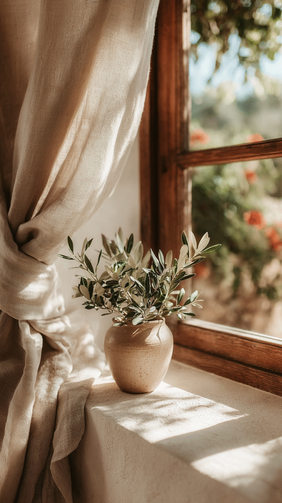 morning-routine-nature-stillness Potted plant on sunny windowsill with flowing curtain, creating a cozy and serene interior atmosphere.