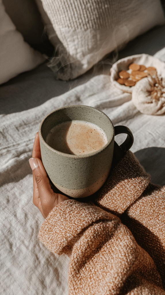 morning-routine-warm-drink Cozy morning coffee in a rustic mug held by a person in a knitted sweater, with a soft blanket in the background.