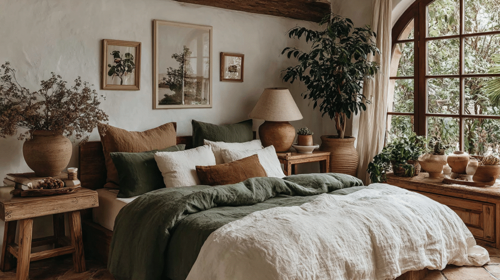 Cozy bedroom with green bedding, wooden furniture, and plants near a large window for serene, natural ambiance.