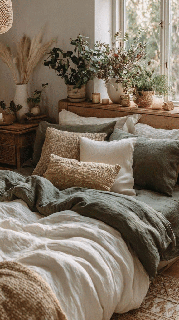 natural-bedroom-essentials-sleep-bed-floor Cozy bedroom with earthy tones, layered pillows, green bedding, and indoor plants by a sunlit window.