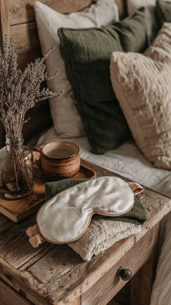natural-bedroom-essentials-sleep-eye-mask Cozy bedroom scene with pillows, eye mask, mug, and dried flowers on rustic wooden bed. Perfect for relaxation and comfort.