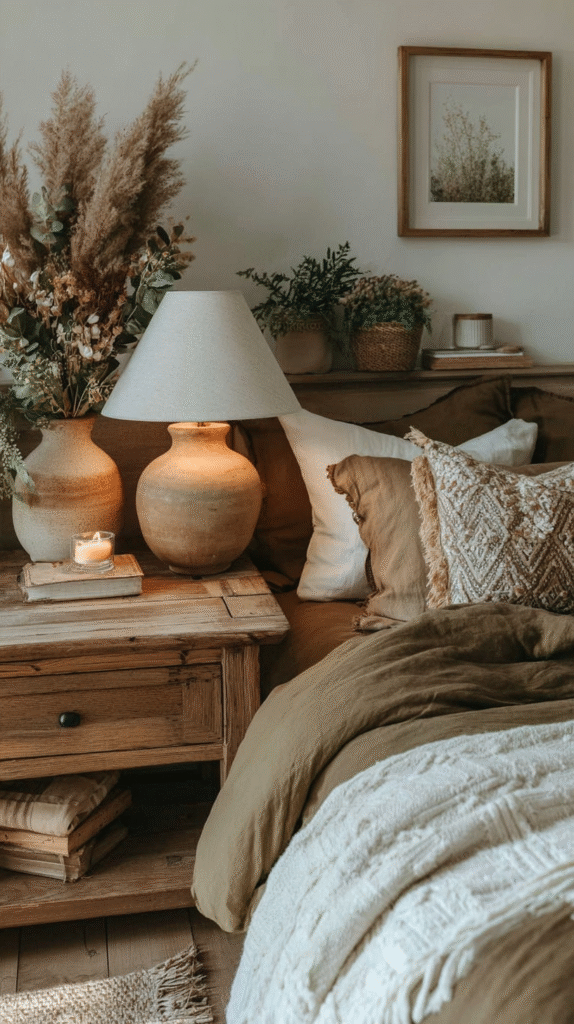 natural-bedroom-essentials-sleep-lamp Cozy bedroom with rustic decor, earth-toned bedding, and a lit bedside lamp on a wooden nightstand with dried flowers.