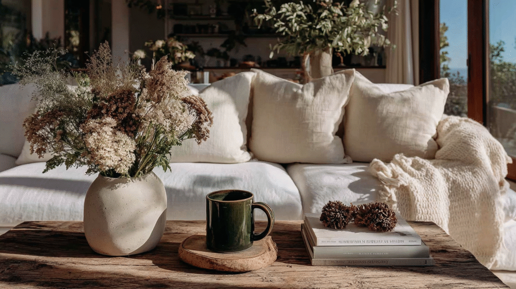 Cozy living room with a rustic vase, flowers, and a coffee mug on a wooden table, white sofa in the background.