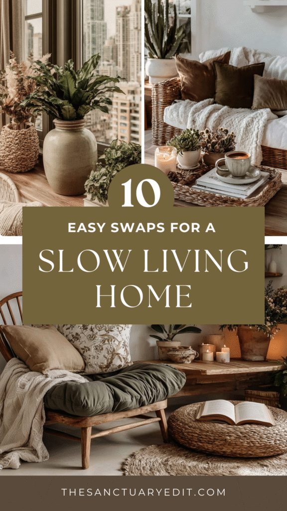 peaceful-slow-living-home-swaps Cozy interior with plants and candles promoting 10 easy swaps for a slow living home by thesanctuaryedit.com.