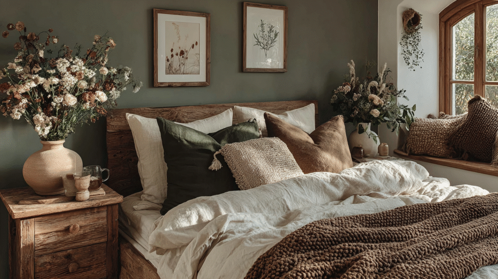 Cozy bedroom with rustic decor, earthy tones, textured pillows, wooden furniture, and large vases with flowers.