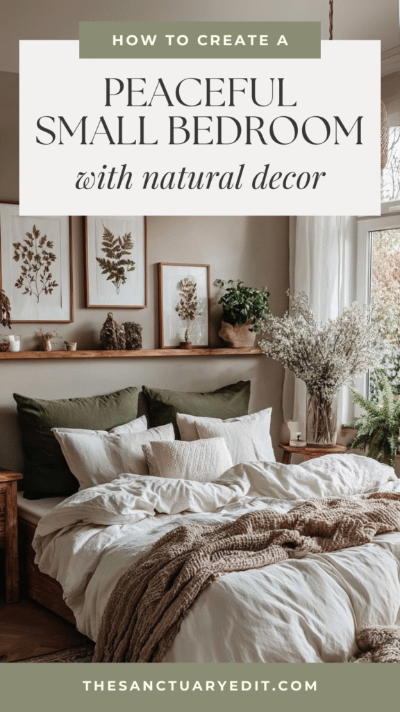 peaceful-small-bedroom-ideas Cozy small bedroom with natural decor, earthy tones, green plants, and soft textiles for a peaceful ambiance.