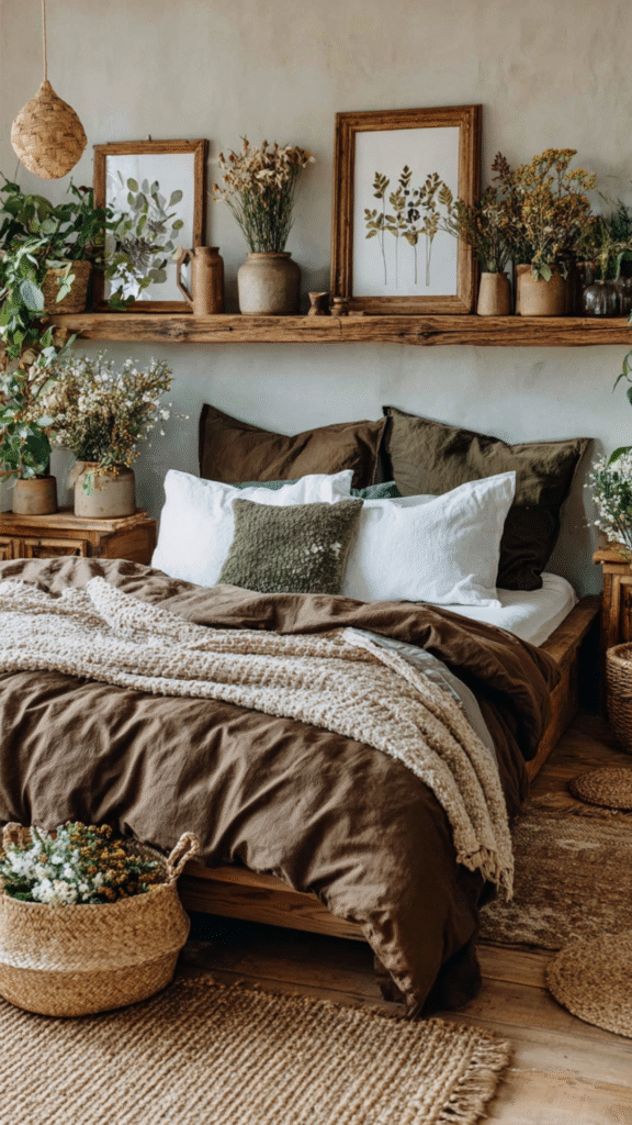 peaceful-small-bedroom-ideas4 Cozy bedroom with earthy tones, wooden elements, and lush greenery for a serene, nature-inspired decor.