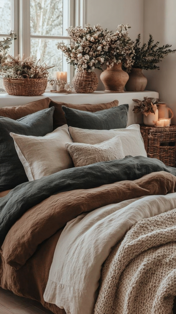 peaceful-small-bedroom-layers Cozy bedroom with layered linens, rustic decor, and natural lighting, featuring woven baskets and dried floral arrangements.