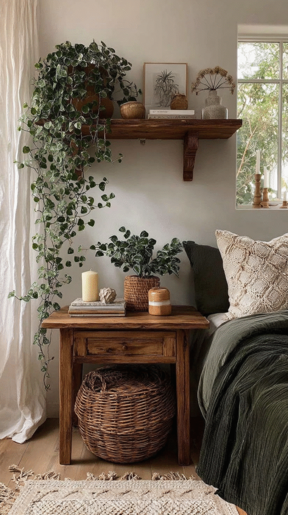 peaceful-small-bedroom-plants Cozy bedroom with wooden furniture, plants, and decorative pillows, creating a warm and inviting atmosphere.