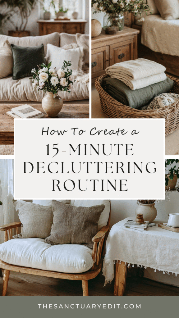 quick-decluttering-routine-daily-calm2 Cozy living room with neutral decor promoting a 15-minute decluttering routine guide. Thesanctuaryedit.com