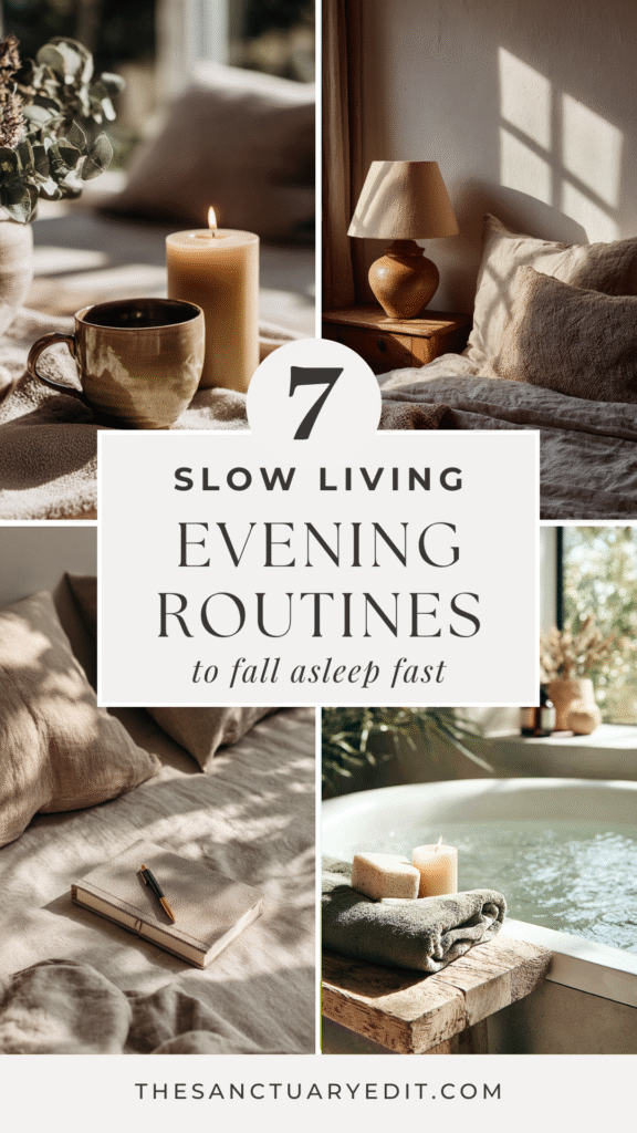 slow-living-evening-routine-sleep Cozy evening routines for better sleep, featuring candles, warm bedding, and a relaxing bath - thesanctuaryedit.com.