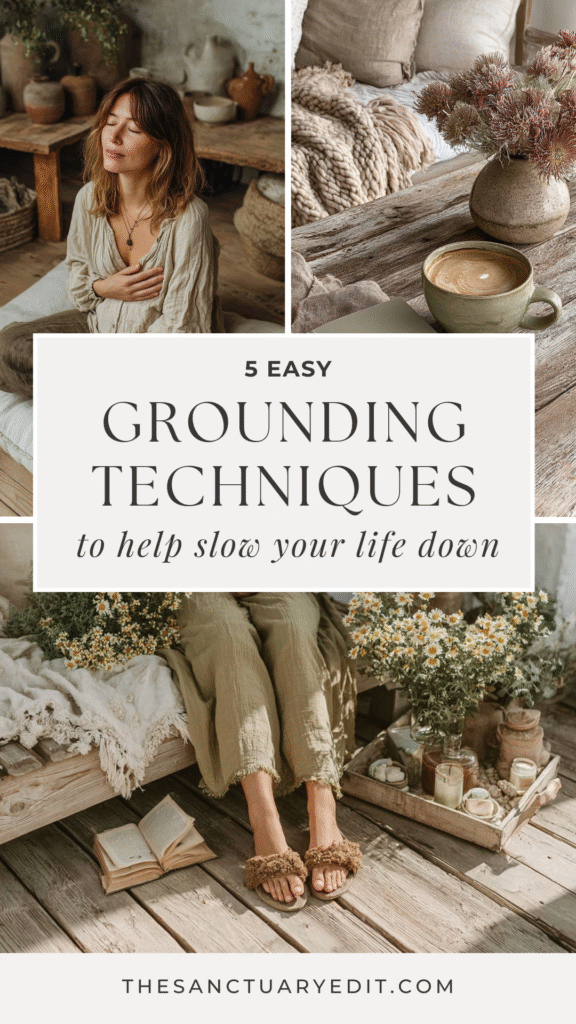 slow-living-grounding-techniques Cozy scene with woman meditating, rustic decor, flowers, and coffee. Text: 5 Easy Grounding Techniques.