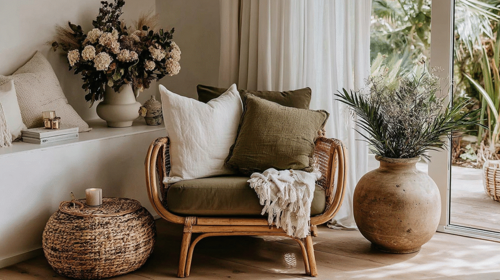 Cozy living room with rattan chair, cushions, large vase, and natural decor by a window.