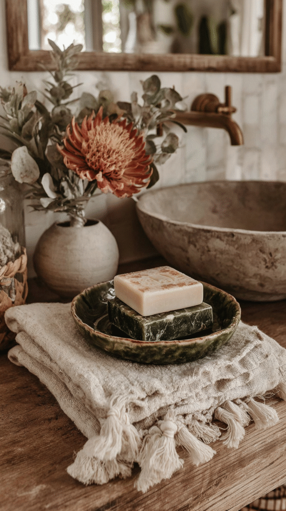 slow-living-home-rooms-bathroom Rustic bathroom decor with natural soap on towels, wooden vanity, floral arrangement, and stone sink. Cozy spa ambiance.