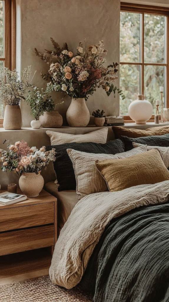 slow-living-home-rooms-bedroom Cozy bedroom with neutral bedding, wooden furniture, and vases of flowers by a window, creating a peaceful ambiance.